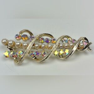 Vintage MidCentury Swirl Brooch Pin Faux Pearls Aurora Borealis Rhinestones